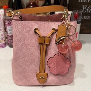 Powder Pink Rowan Bucket Bag in Signature Canvas with Cherry Charm 🍒